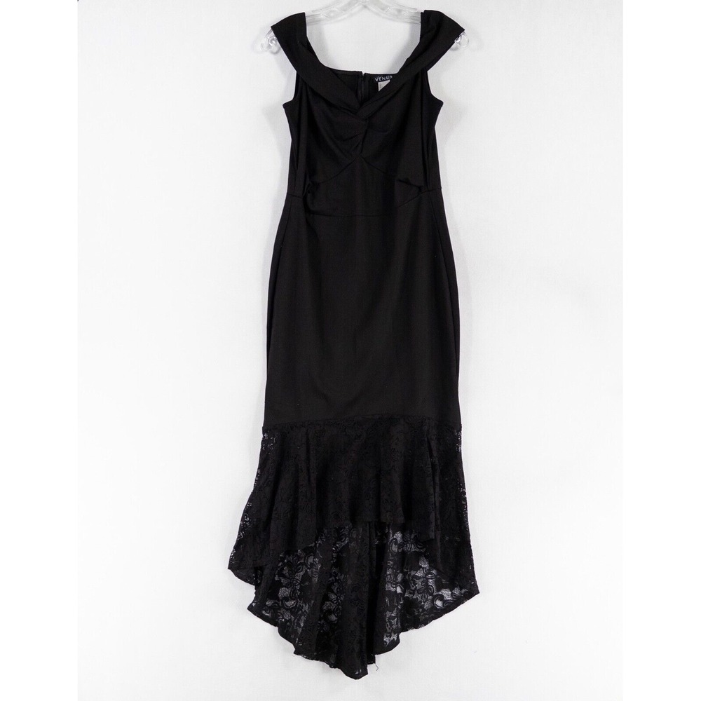 Venus Dress Women Size 12 Black Ponte Knit Off The Shoulder Mermaid Lace Hem